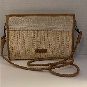 Sakroots Roma Tan and Cream Woven Crossbody Bag with Leather Trim